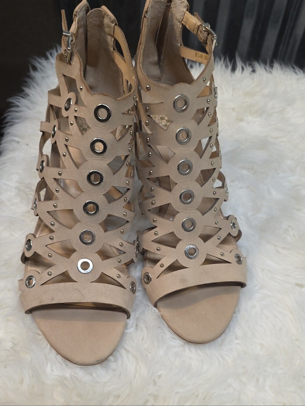 Vince Camuto Taupe Grommet Cutout Heeled Sandals